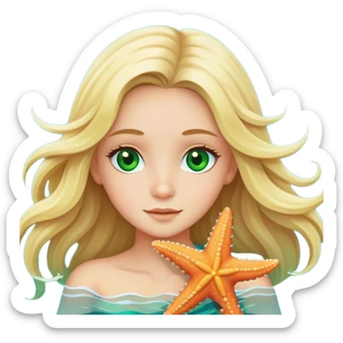 Long hair blonde girl with green eyes in the ocean with star fish sticker