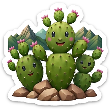 smiling prickly pear cactus with mountains in background sticker