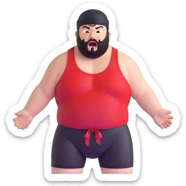 Extreme close-up of face of morbidly obese white skin guy with young face, prominent BLACK DURAG tied clearly on head, black beard but no mustache, clean shaven upper lip, black eyes in a red and black wrestling singlet with mouth wide open screaming angrily sticker