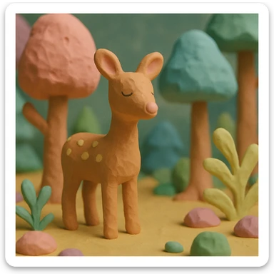 deer standing in a forest, pastel colors, visible fingerprints, playful and textured, claymation style sticker