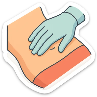 top view close-up of human abdomen, a doctor's hand palpating, hand wearing glove, hand coming from opposite side, fingers gently pressing, 2D isometric style, very detailed, soft rounded shapes, clean contours, pastel palette, refined shadows and highlights, modern illustration, transparent background sticker