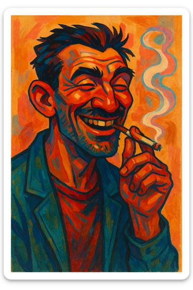 a man smiling and smoking, distinct style, artistic, unique character design sticker