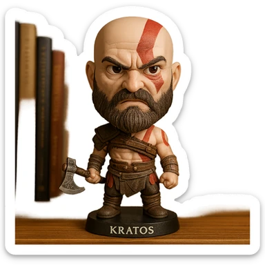 Kratos as a bobblehead with a wobbly head and angry expression sticker