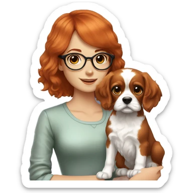 red-haired girl with bangs and short hair and black glasses presenting a Blenheim Cavalier puppy sticker