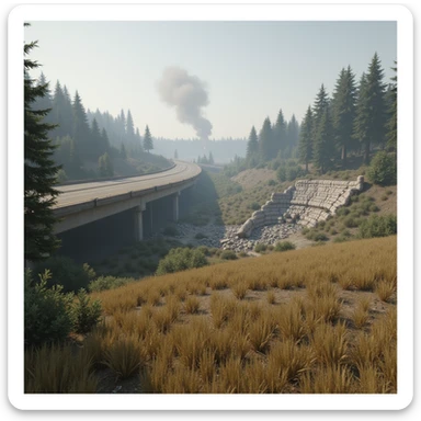  a screenshot of a location in a videogame  the image of the scene consists of: a tall above-ground freeway with a collapsed section in the distance, a wooded area, a small field of wheat, a tall workshop in the distance, and 2-foot tall sandbag wall-fortifications. distant smoke sticker