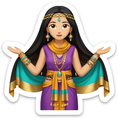 Mujer joven, morena, 
Negro, largo y brillante, suele ir cubierto parcialmente por un velo o pañuelo oriental.inspiración árabe: túnica colorida , con detalles dorados o lentejuelas; brazaletes y pendientes.cuerpo entero sticker