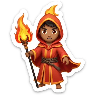 Clash of Clans aesthetic: Cinematic Ferocious Fire Mage Hero Emoji, rendered in a 3D vector-style similar to standard emojis with minimal shading and bold, simplified shapes. A compact, isometric figure draped in flowing, charred and ember-lined robes, wielding a fiery staff crackling with intense flames. Eyes burning with an infernal glow, exuding raw, untamed power. Simplified yet unmistakably iconic, highly detailed and consistent, glowing with a fiery, molten radiance and high shine. Stylized with a touch of menacing sorcery and a searing, ember-infused outline, capturing the essence of a wrathful mage ready to unleash devastating fire magic! sticker
