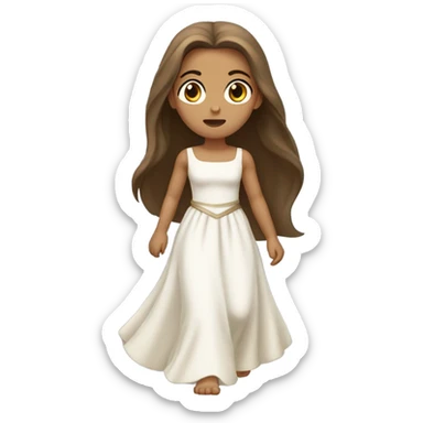 a princess with brown long straight hair, with light skin running in a white dress with a sad face sticker