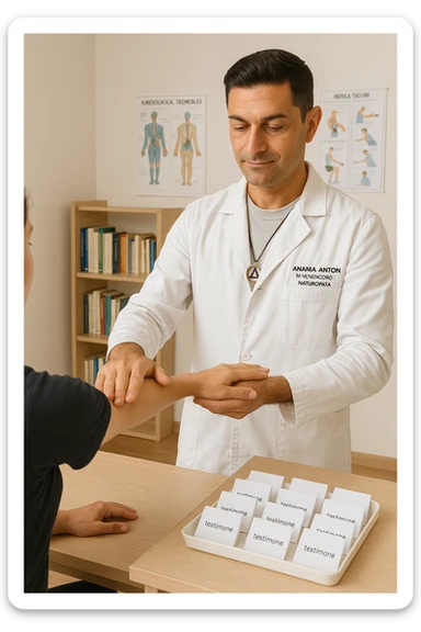 a middle-aged man in a calm, well-lit studio, wearing casual professional attire, performs a classic muscle test on a client’s outstretched arm. On a nearby table, there are small envelopes or vials labeled “testimone” representing samples or objects connected to a distant person. The atmosphere is focused and serene, with books and charts about kinesiological techniques in the background. sticker