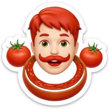 funny theater actor character who ate tomatoes, tomato sauce around mouth, dramatic expression, stage costume collar, 3D cartoon, mobile game icon style, clean background, no text, no watermark
 sticker