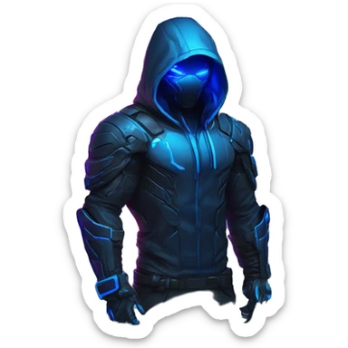 developer behind his laptop with this style : crysis Cyberpunk Valorant neon glowing bright blue character blue black hooded assassin themed character sticker