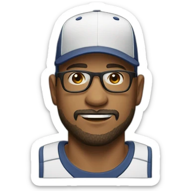 Man with baseball cap, square glasses, bald and short beard in mid 30s sticker