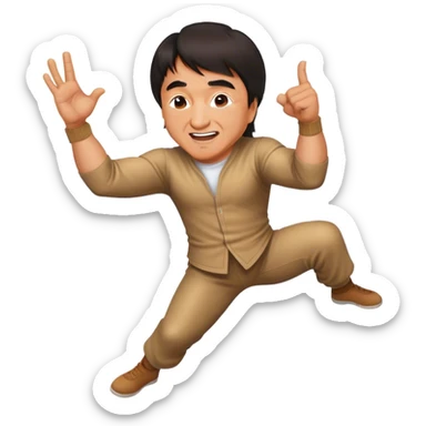 Cinematic Realistic Jackie Chan Pop Culture Emoji, depicted with playful agility and charismatic charm rendered with lifelike textures and vibrant, action‚Äêpacked lighting. sticker