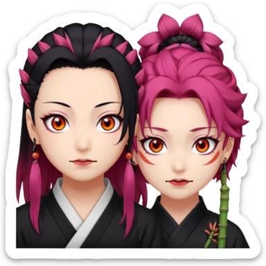tanjiro: Kind red eyes, black hair with burgundy tips, forehead scar, tanned skin, Hanafuda earrings.                             nezuko:   Pink eyes, black-orange hair, fangs, bamboo muzzle. sticker