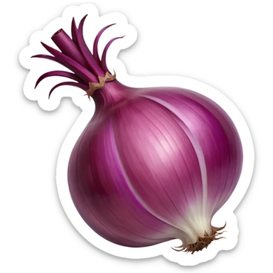 whole unpeeled red onion, rounded slightly flattened, shiny papery purplish-red skin, visible striations, dried stem, few dry roots, 3D rendered, clean minimal soft shadows, realistic lighting, no anthropomorphic elements, emoji scale sticker