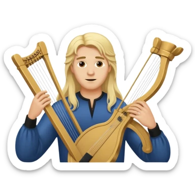 Man with long blonde hair carelessly  holding a lyre sticker