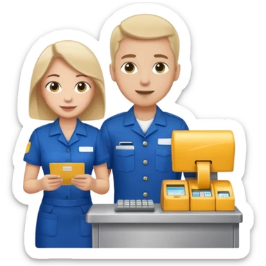 Supermarket employee at a cash register, full body, serving a man sticker