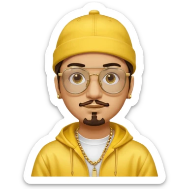 Ali G from Ali G Indahouse with brown eyes, dark brown hair, gold outfit, yellow glasses and hat sticker