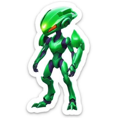 a shiny green Genesect-Raptor-Fakémon—hybrid with a futuristic visor-helmet full body sticker