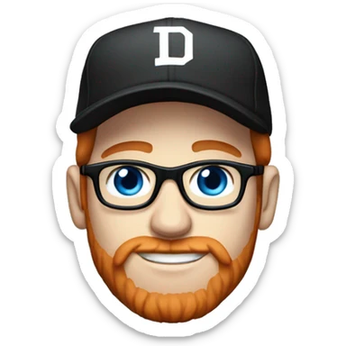 30 year old male with red hair, glasses, black baseball hat, blue eyes, pale complexion, and a beard sticker