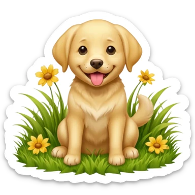 A yellow Labrador Retriever sitting on a grassy field, smiling with its tongue out under bright sunlight. Realistic lighting, outdoor park setting, friendly expression, high detail. sticker