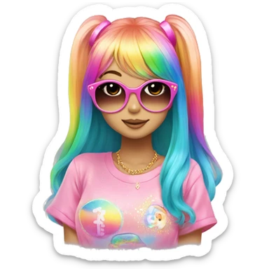 hime gyaru girl, rainbow hair with sparkle, colorful clothes, pink sunglasses sticker