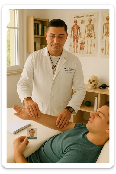 a middle-aged man, dressed in casual professional attire, is in a bright, organized therapy studio. Durante una visita di kinesiologia, il praticante tiene con una mano la foto di una persona lontana (il “testimone”) appoggiata su un tavolo, mentre con l’altra mano esegue un test muscolare su un cliente presente. Sullo sfondo si vedono libri di kinesiologia, poster anatomici e strumenti tipici della disciplina. L’atmosfera è concentrata e serena, con luce naturale che entra dalla finestra, sottolineando l’aspetto alternativo e umano della pratica. sticker