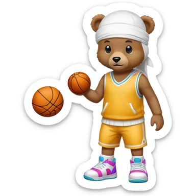 Full-body standing brown bear wearing a white durag on its head and cool colorful basketball sneakers on its feet, cute emoji style sticker