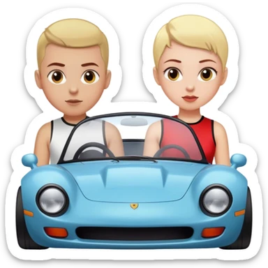 Blonde boy with a buzz cut and a girl with dark red hair in a sports car sticker