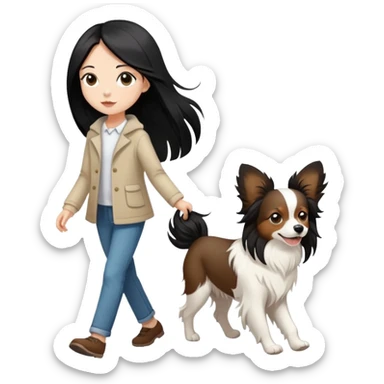 A girl with long black hair is walking a papillon dog, brown and white sticker