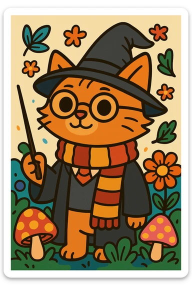 Place the cat in a colorful scene inspired by Bobbie Goods style, with vibrant and playful elements, while maintaining the flat toon cartoon visual style. sticker