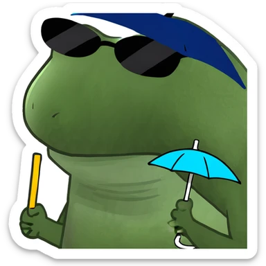 Funny green frog wearing sunglasses and holding a tiny umbrella sticker