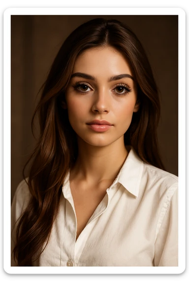 stylish girl, long brown hair, white blouse, long lashes, beautiful, portrait, detailed, beautiful lighting sticker