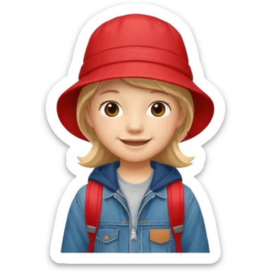 A little student with red bucket hat, jean jacket, backpack sticker