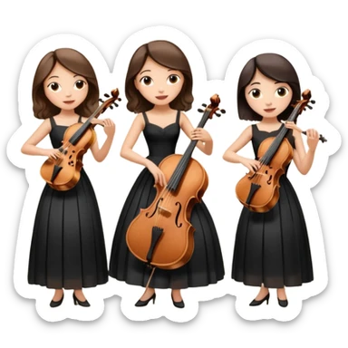Create an imagine of three brunette women playing string instruments in black dresses, the first is playing a cello, the second is playing a viola and the third is playing the violin sticker