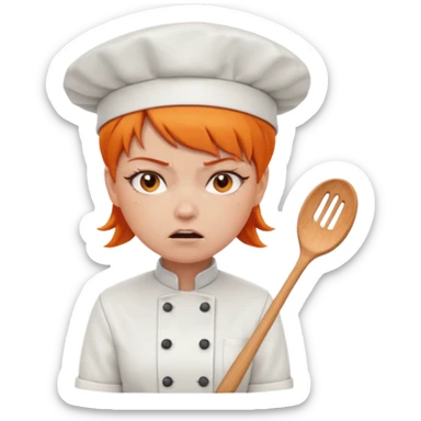 girl, Short orange hair, angry, wearing chef uniform and chef hat sticker