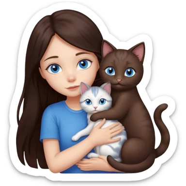 a pretty girl with long dark 
brown hair, with blue eyes, hugs 3 different natural coloured small cats sticker