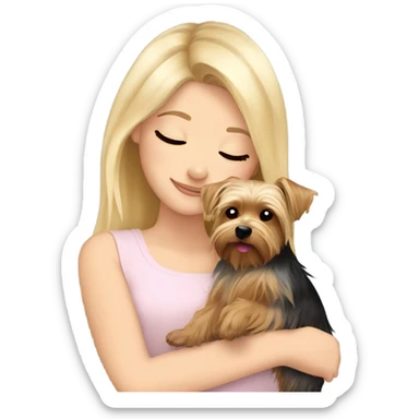White girl blonde hair closed eyes hugging Yorkshire terrier  sticker