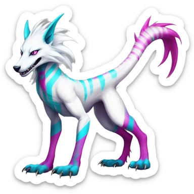 White badass elegant wild beautiful natural cute badass epic anthro modern albino sergal-vernid-creature with cyan mane and magenta eyes with cyan edgy stripes, full body sticker
