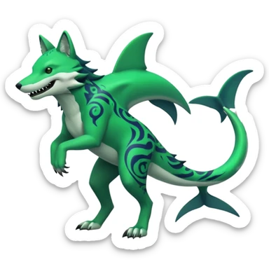 Edgy cool badass Neon-green landhai-sergal-wolf, with a shark tail, with black and dark-green swirly patterns markings sticker