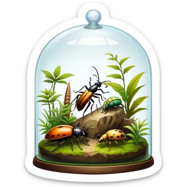 Close-up of home insects in a terrarium, showcasing beetles, praying mantises, and other exotic species in vivid detail, with natural textures of the terrarium. Soft lighting highlights their features. Transparent background. sticker