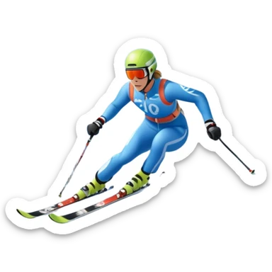 An icon featuring a skier racing down a snow-covered slope, surrounded by snowy peaks, pine trees, and a picturesque mountain landscape. The sky is blue with soft clouds, capturing the thrill and beauty of alpine skiing. Transparent background highlights the excitement and serenity of winter sports. sticker