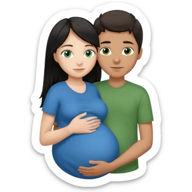 Make a couple emoji they are 18. The girl has long black hair and blue eyes and is hugging a pregnant boy with brown hair and green eyes they are both wearing the same colour top.  sticker