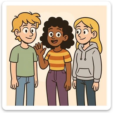 A boy dark yellow hair light green t-shirt white lightfo blue jeans girl brown skin black hair hairstyle curly hair yellow orange stripes top purple trousers girl yellow hair light grey hoodie dark blue jeans a hand hello  sticker