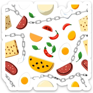 Close up of vibrant protein foods (meat, egg, beans, tofu, yogurt) connected in a chain or cluster, glowing and unified, floating together in a warm light. sticker