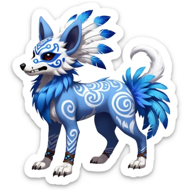 Furry cute colorful exotic tribal feral anime-styled Fakémon-Pokémon-animal-creature with a skull mask, and blue feathers around neck, and blue feathers, with long furry ears, long furry tail, 4 legs, (full body), with intricate pattern-markings, skulldog, sparkledog, fursona, skullwolf  sticker