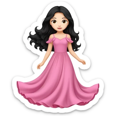 Uma menina com vestido longo rosa e cabelo longo preto ondulado sticker
