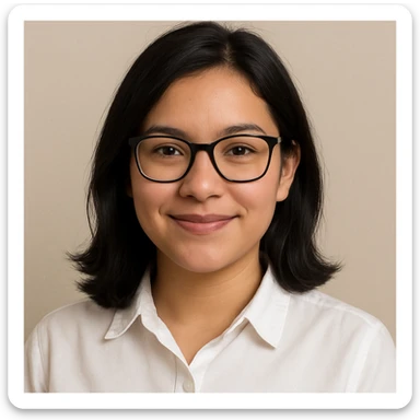 upper body portrait of a girl with medium black hair, black glasses, light tan skin, white collared shirt, friendly expression, plain background sticker