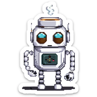 A sleepy robot with droopy eyes holding a coffee mug, looking exhausted sticker