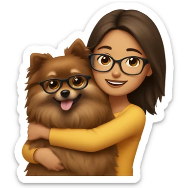 Hispanic Brown haired girl with glasses hugging  brown Pomeranian  sticker